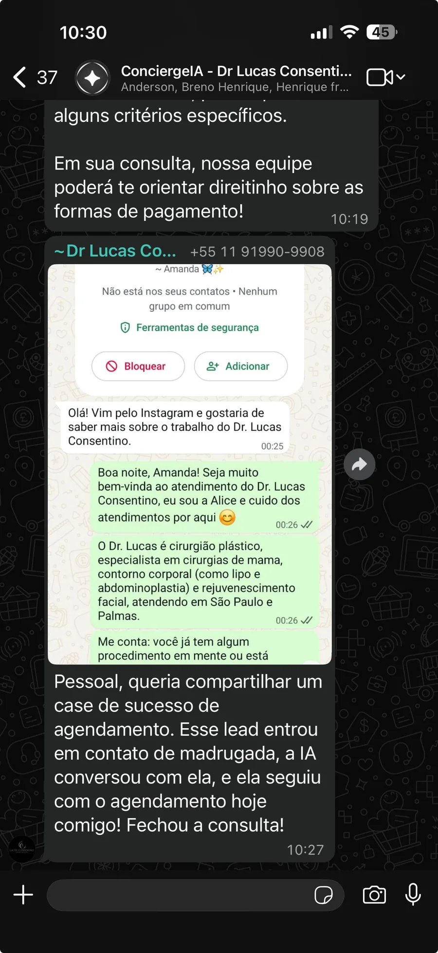 Print de conversa no WhatsApp com cirurgião relatando resultado ao time da Stark