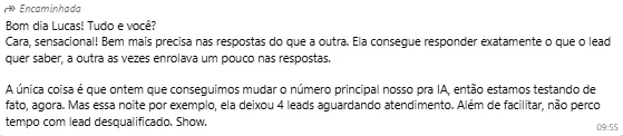 Print de mensagem de cirurgião comentando o resultado do método