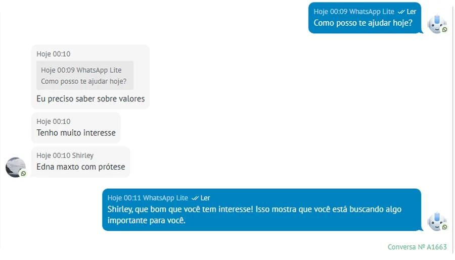 Print de conversa no WhatsApp sobre leads interessados em procedimentos
