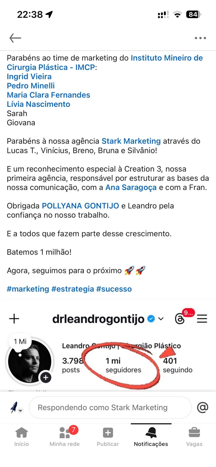 Print de publicação no Instagram agradecendo a parceria com a Stark Marketing