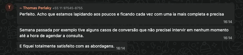 Print de mensagem de cirurgião confirmando satisfação com a abordagem