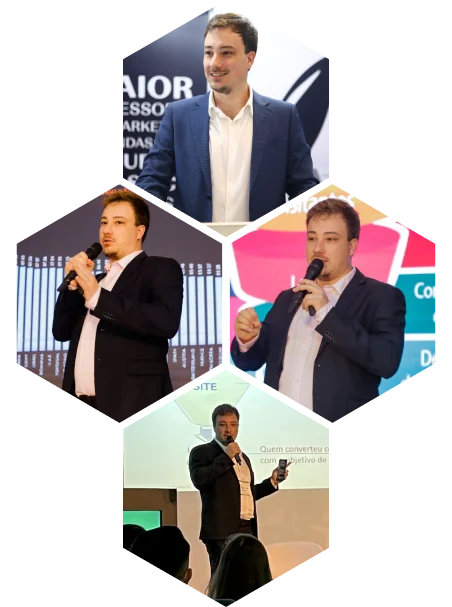 Mosaico hexagonal com quatro fotos de Lucas Tarallo palestrando em congressos de cirurgia plástica